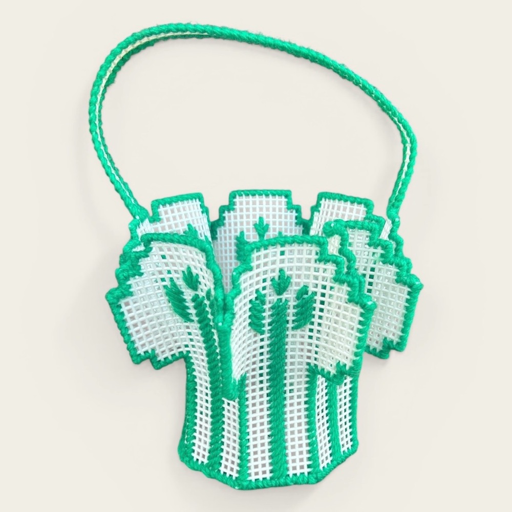 Vintage Green Hand Finished Plastic Yarn Canvas Basket